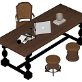 Wooden Desk with Ornate Black Legs Laptop Coffee Mug Magazine Chair and Round Stools