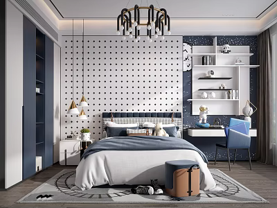 Modern Kids Room Interior With Bed Polka Dot Wall Shelves Desk Chair And Chandelier 3d model