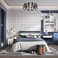 Modern Kids Room Interior With Bed Polka Dot Wall Shelves Desk Chair And Chandelier
