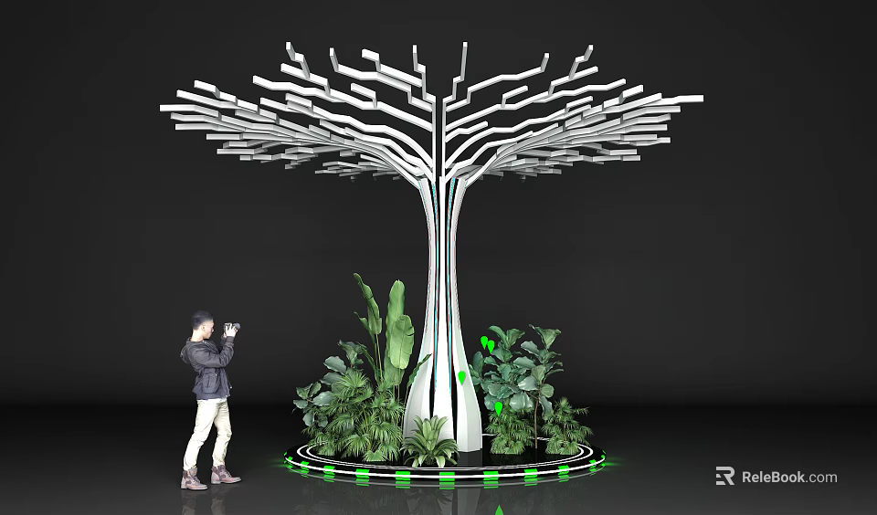 White Tree Shaped Column with Green Plants Circular Green Lights and Person Taking 3d model 