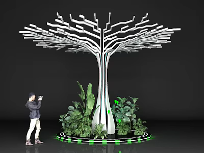 White Tree Shaped Column with Green Plants Circular Green Lights and Person Taking 3d model