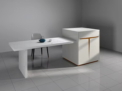 White Bar Counter With Extended Tabletop Chair And Blue Bowl On White Tiled Floor 3d model