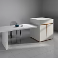 White Bar Counter With Extended Tabletop Chair And Blue Bowl On White Tiled Floor