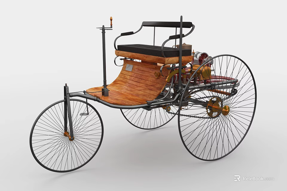 Vintage Car with Wooden Body Large Spoked Wheels and Black Leather Seat 3d model 