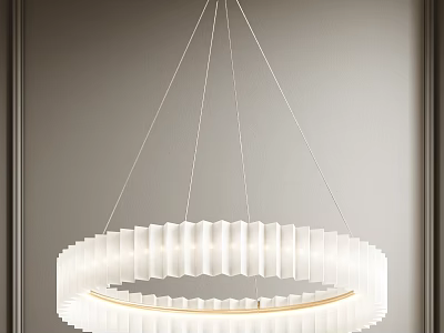 Modern Minimalist White Circular Pleated Chandelier Hanging In Gray Wall Interior 3d model