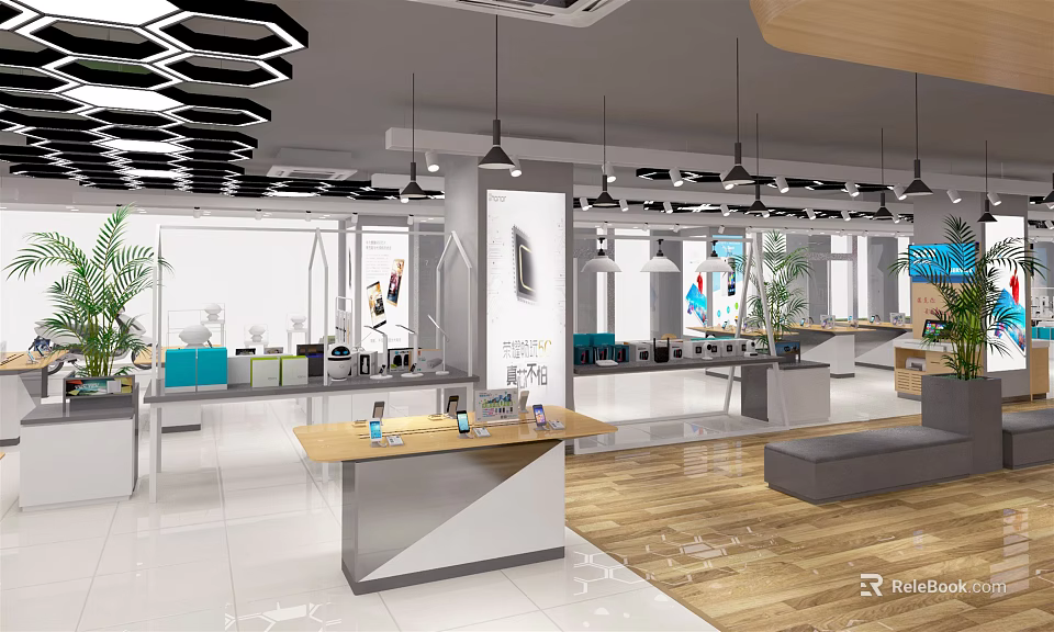 Modern Digital Store Interior With Smartphones Tablets And Accessories On Display Shelves 3d model 