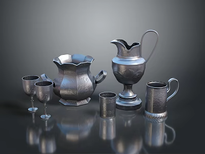 Classic Silver Household Items Including Water Pitcher Cups And Wine Goblets 3d model