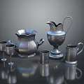 Classic Silver Household Items Including Water Pitcher Cups And Wine Goblets