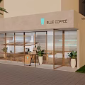 Blue Café Exterior View With Glass Windows Tables Chairs And Potted Plants On Paved Ground