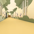 Elementary School Hallway With Green Tree Decorations Pink Flower Patterns And Yellow Floor 3d model