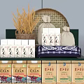 Supermarket Grocery Shelves Display Multiple Layers Of Various Products And Wicker Baskets