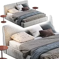 Gray Fabric Double Bed With Soft Pillows And Wooden Nightstand Design