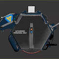 Futuristic Blue Mechanical Weapon With Multiple Cylindrical Components Control Panel And Warning Signs