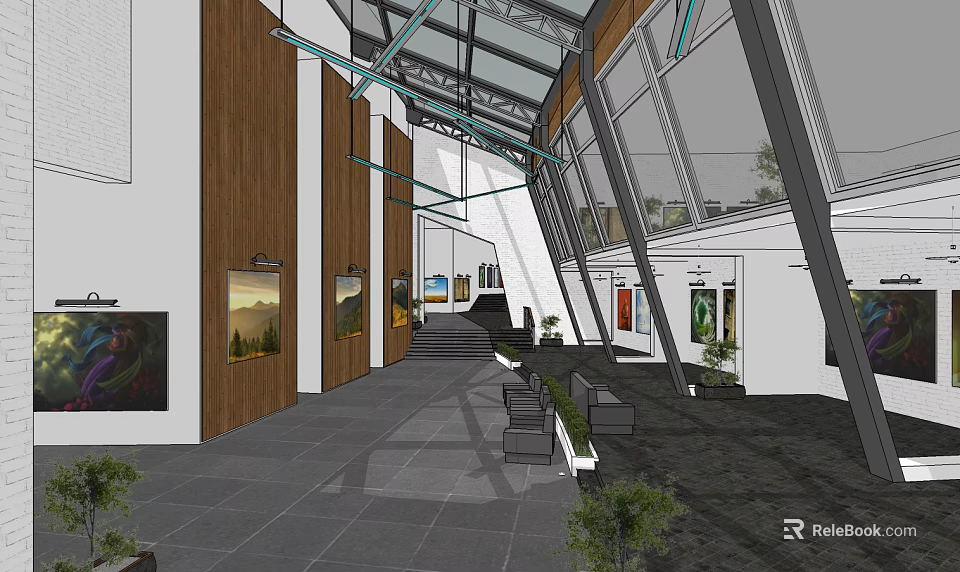 Spacious Indoor Hall Interior Design With Wooden Walls Glass Skylights Artworks Stairs And Green Plants 3d model 