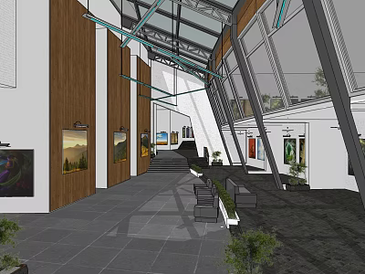 Spacious Indoor Hall Interior Design With Wooden Walls Glass Skylights Artworks Stairs And Green Plants 3d model