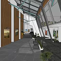 Spacious Indoor Hall Interior Design With Wooden Walls Glass Skylights Artworks Stairs And Green Plants