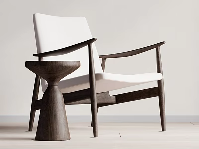 Modern Accent Chair With White Cushion Dark Wooden Frame And Small Side Table 3d model
