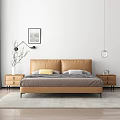 Modern Leather Double Bed With Bedside Table Wall Art And Hanging Lamp 3d model