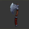Medieval Battle Axe With Intricate Carvings On Metal Blade And Red Wooden Handle