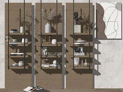 Minimalist Decorative Ornament Set on Wooden Wall Shelves with Vases Plants and Books 3d model