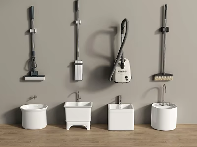 Various Types of Cleaning Mops and White Wash Basins for Daily Washing Use 3d model