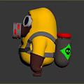 Game Movie Character Cartoon Style In Yellow Suit With Gas Mask Purple Eyes Red Gloves