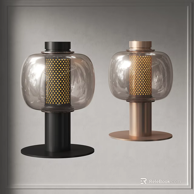 Two Table Lamps With Black Copper Base Transparent Glass Shade And Gold Dots Structure 3d model 