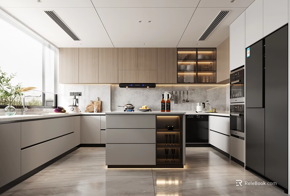 Modern Kitchen Interior With Wooden Cabinets Marble Island Appliances And Bright Window Lighting 3d model 