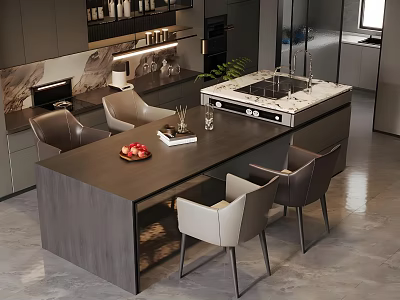 Modern Kitchen Bar Counter Area With Dark Countertop Stylish Chairs And Fruit Decor Items 3d model
