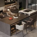 Modern Kitchen Bar Counter Area With Dark Countertop Stylish Chairs And Fruit Decor Items