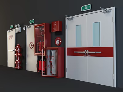 Modern Fire Safety Equipment With Fire Doors Hydrant Extinguisher Cabinets Emergency Lights And Exit Signs 3d model
