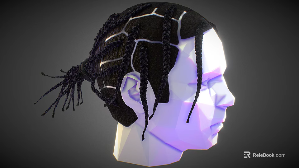 Man With Low Poly Style Head Black Braids White Lines And Purple Lighting 3d model 