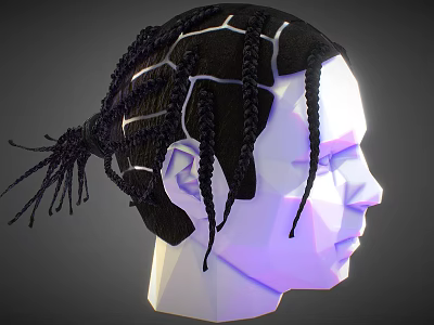 Man With Low Poly Style Head Black Braids White Lines And Purple Lighting 3d model