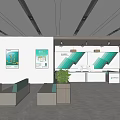 Modern Bank Lobby Interior With Reception Desk Seating Green Plants And Wall Posters