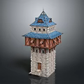 Scenic Old Tower with Blue Roof Stone Walls Small Windows and Wooden Parts