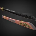 Traditional Weapon with Patterned Blade Red Handle Brown Scabbard Featuring Golden Dragon Patterns Inscriptions 3d model