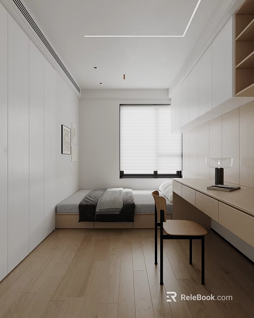Minimalist White Tatami Bedroom With Wooden Floor Desk Window Blinds And Storage Cabinets 3d model 