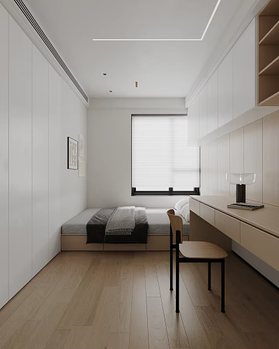 Minimalist White Tatami Bedroom With Wooden Floor Desk Window Blinds And Storage Cabinets 3d model