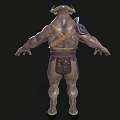 Muscular Bull Headed Mythical Creature With Horns Leather Armor And Shield