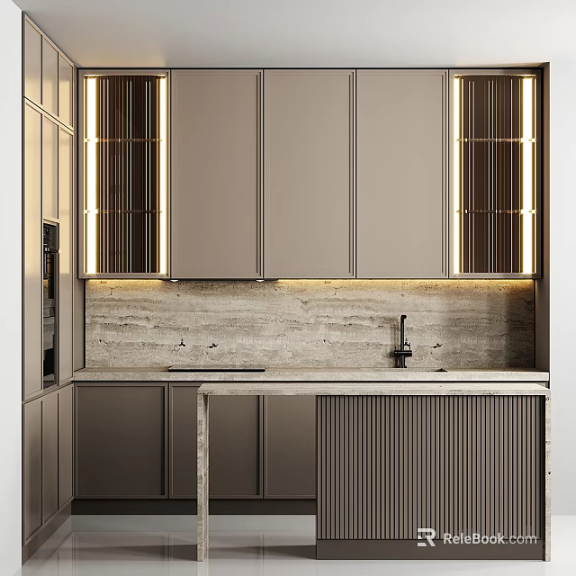 Modern Kitchen Interior With Beige Cabinets Built In Lighting And Stone Countertop 3d model 