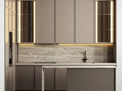 Modern Kitchen Interior With Beige Cabinets Built In Lighting And Stone Countertop 3d model