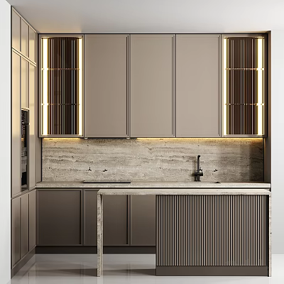 Modern Kitchen Interior With Beige Cabinets Built In Lighting And Stone Countertop 3d model