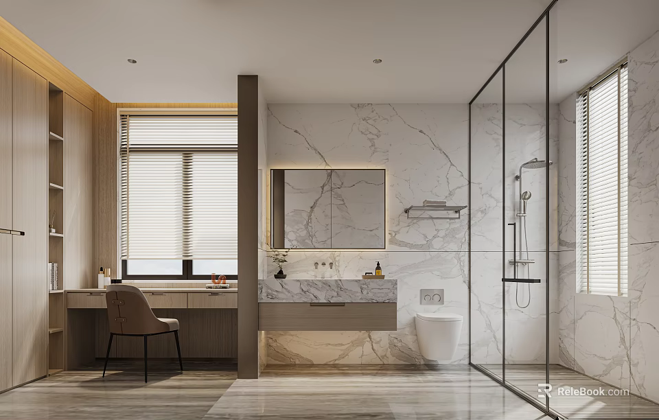 Modern Bathroom Design With Marble Walls Glass Shower Enclosure Wooden Vanity And Mirror 3d model 