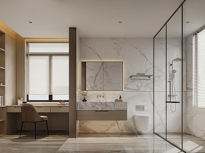 Modern Bathroom Design With Marble Walls Glass Shower Enclosure Wooden Vanity And Mirror 3d model