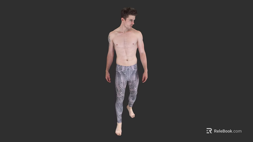 Shirtless Male Model Wearing Patterned Leggings Standing Full Length On Black Background 3d model 