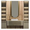 Modern Bathroom Vanity Cabinet with Golden Frame Mirror Wooden Panel and White Sink