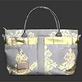 Elegant Navy Blue And Gold Floral Pattern Tote Bag With Leather Handles And Pockets