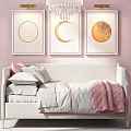 Elegant Bedroom Interior With Light Colored Bed Pink Blanket Moon Wall Art Crystal Chandelier Small Tables