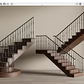 Stairs With Wrought Iron Railings And Wooden Steps In Beige Wall Interior