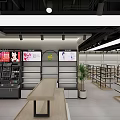 Modern Shopping Mall Retail Store With Wooden Display Shelves And Cashier Counter